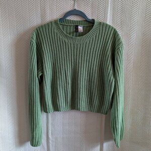 H&M Ribbed Knit Cropped Sweater Green Size M Cozy Minimalist Crew Neck